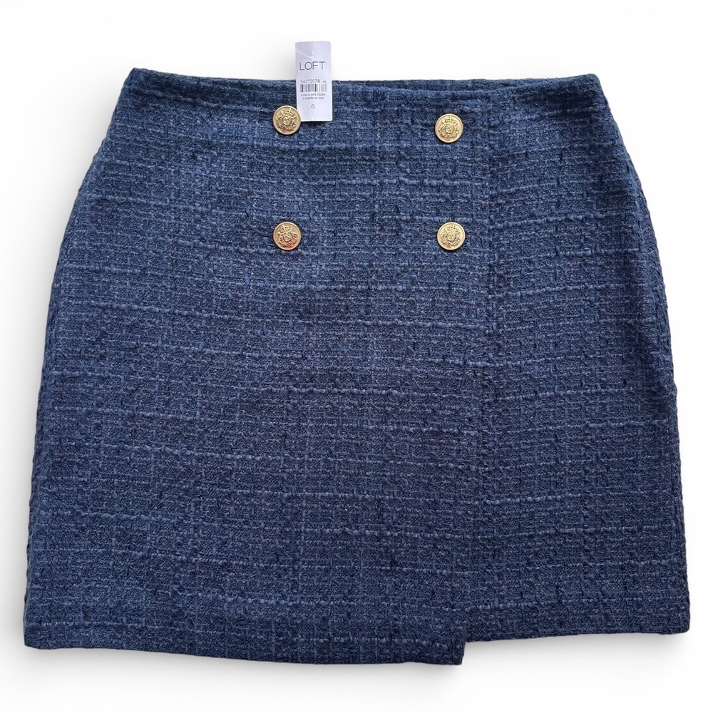 LOFT Womens 6 Navy Blue Tweed Boucle Textured Gold Crest Buttons Wrap Mini Skirt